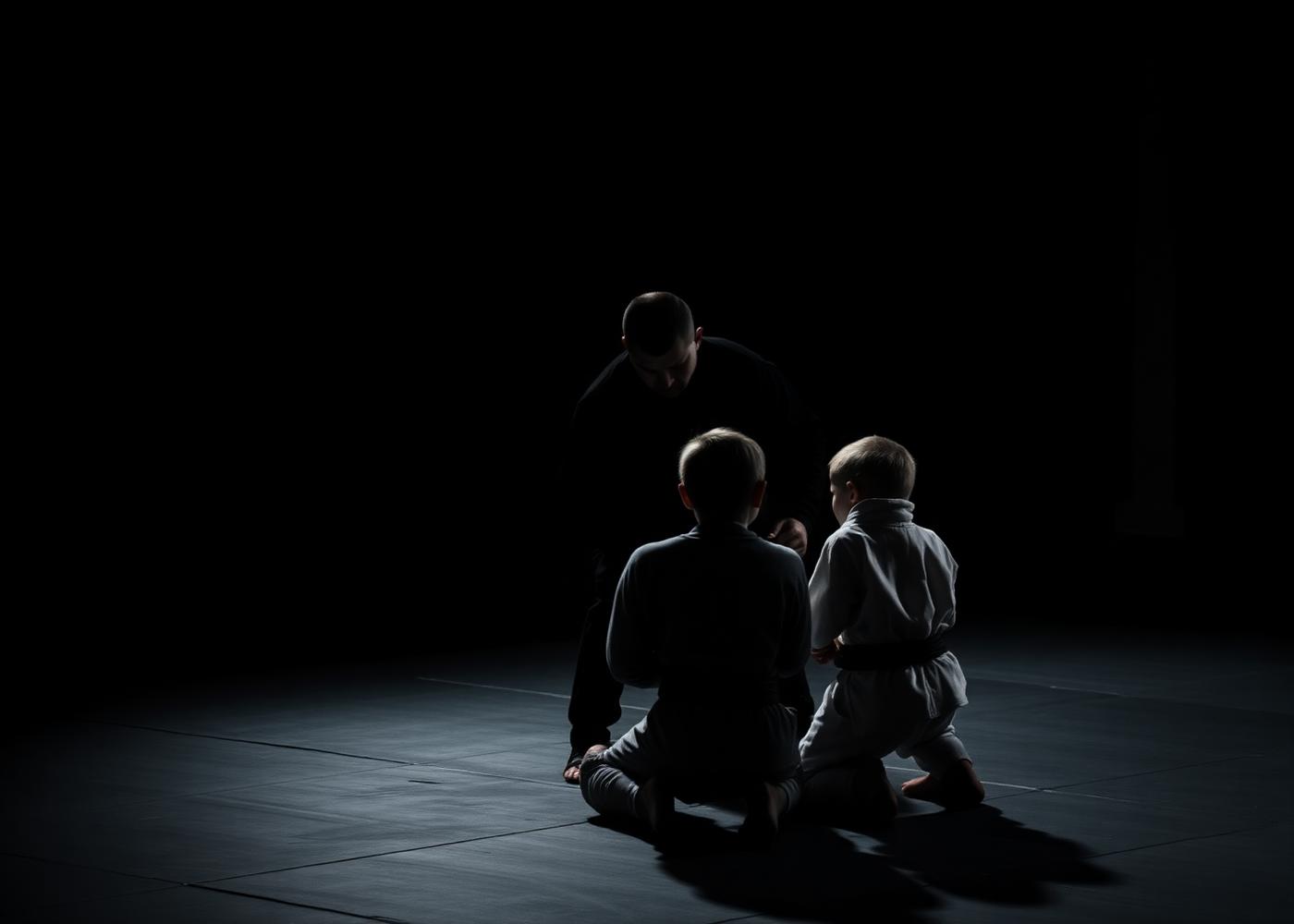 Jiu-jitsu coach instructing two young students on the mat at a partner gym